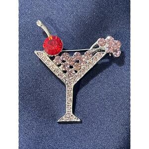 Silver Tone Pink Rhinestone Martini Cocktail Brooch Pin Red Glass Cherry